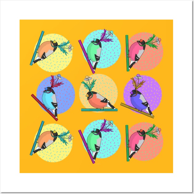 Birds of a feather flock together illustration with colorful pattern of woodland birds in silly daisy hats Wall Art by tostoini